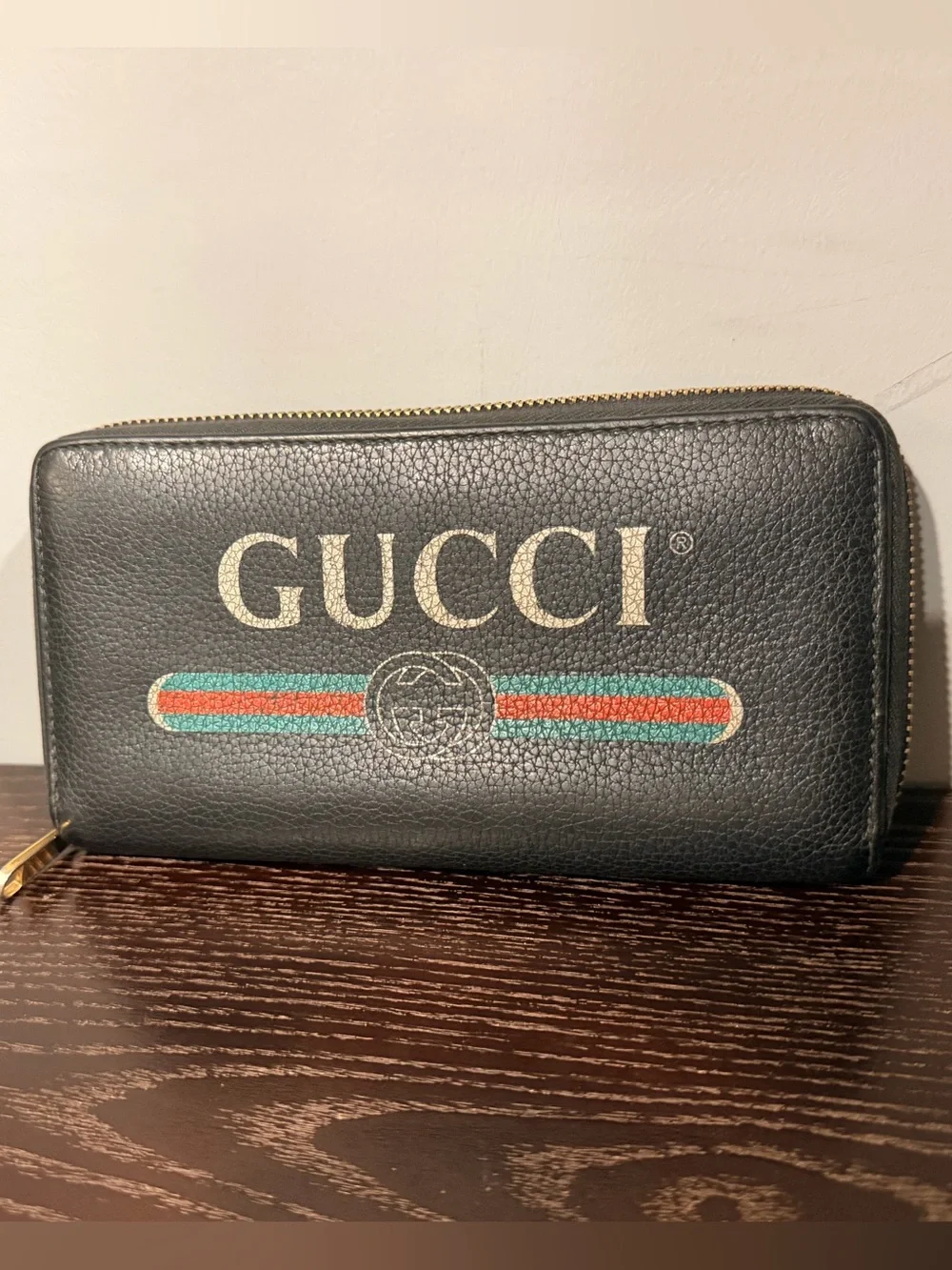 Gucci Black Zip-Around Leather Long Wallet w/ Green & Red Stripe Detail
